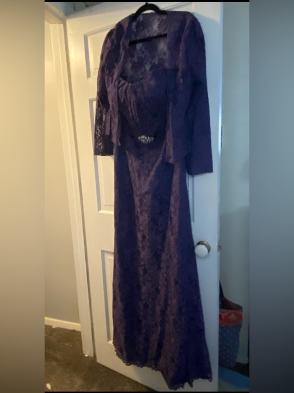 Elegant navy Blue Lace Gown w lace jacket